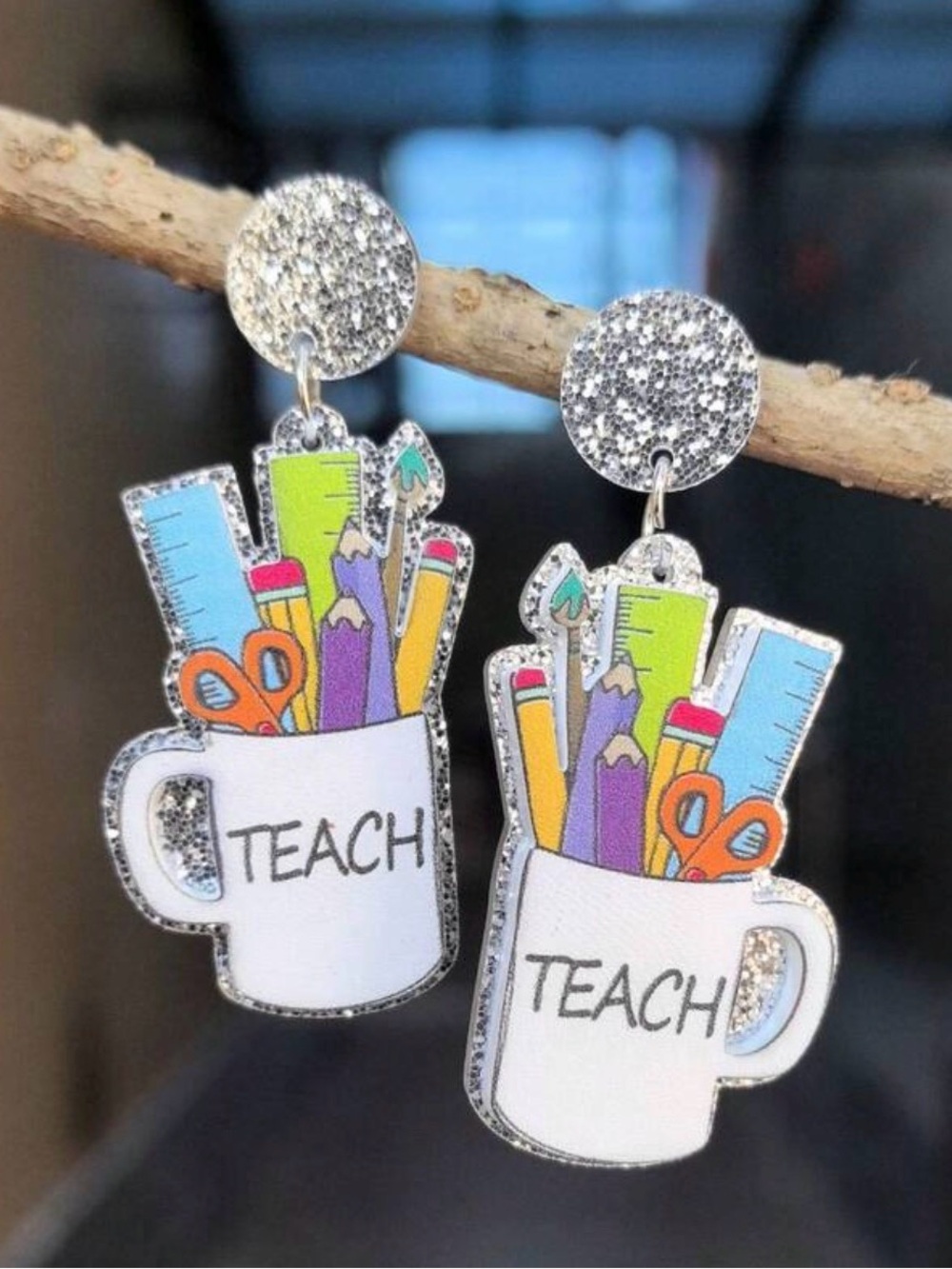 Teacher Mug Drop Earrings in White with Colorful Accents